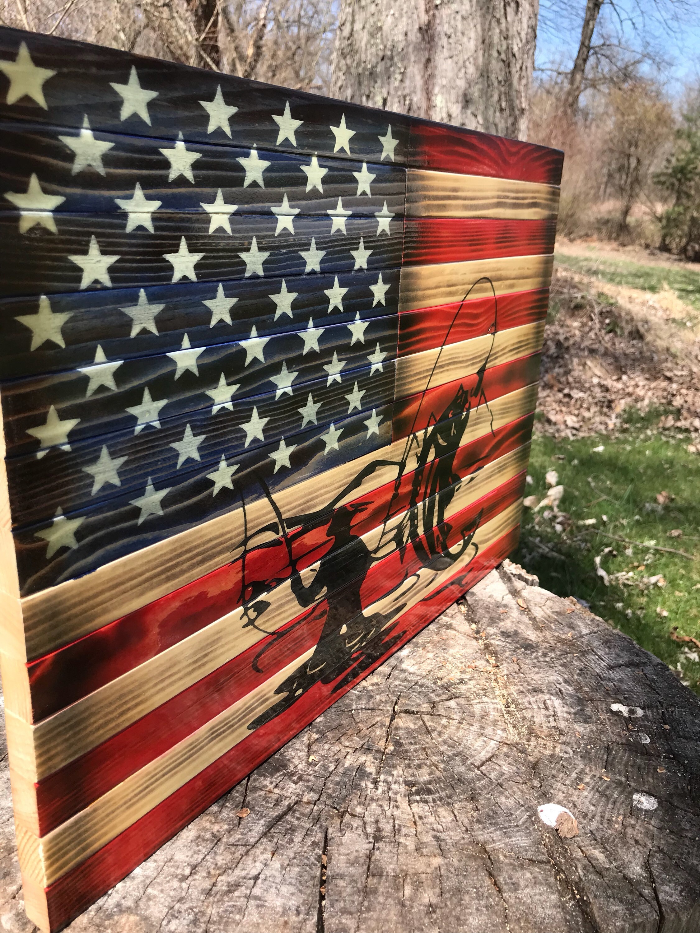 Fly Fishing Flag Wood American Flag Trout Fishing Weathered Etsy