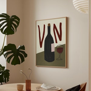 ワインプリント、ワインの壁飾り、Vinプリント、手描きのVinoプリント、レトロなキッチン装飾、Vinの壁アート、Vinoの装飾、ミッドセンチュリーモダンの壁アート