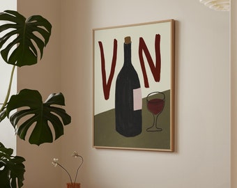 Stampa artistica retrò a tema vino: decorazione per la cucina in stile Mid-Century Modern.