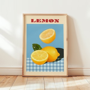 Lemon Poster, Retro Fruit Print, Lemons Wall Art, Cafe Print, Kitchen Print, Fruit Wall Art, Kitchen Decor, Maximalist Kitchen Wall Art