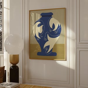 Impresión artística de jarrón azul, obra de arte original, impresión de naturaleza muerta, arte mural moderno, póster de jarrón, arte moderno de mediados de siglo