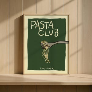 Pasta Club Wall Art Print, Hand Drawn Pasta Poster, Italian Food Illustration, Playful Kitchen Print, Spaghetti Artwork, Green Wall Decor