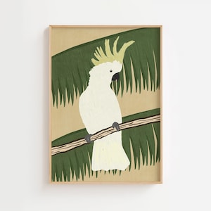 Weißer Kakadu Kunstdruck, Vogel Kunst, Papagei Wandkunst, Tropischer Vogel Poster, Exotischer Vogel Drucke, Tropisches botanisches Poster, Vogel Illustration
