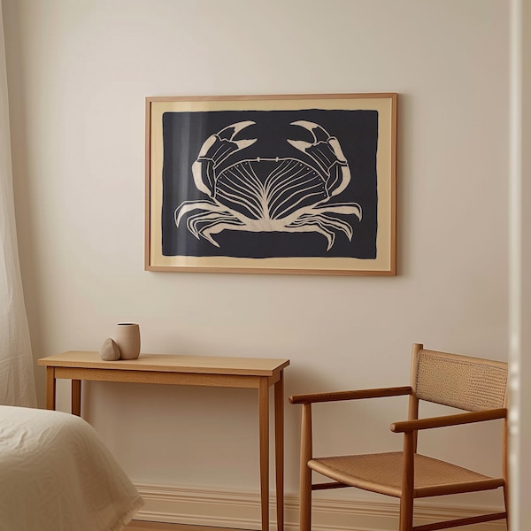 Crab Wall Art Print: Navy Coastal Decor, Hand-Drawn Seafood Poster