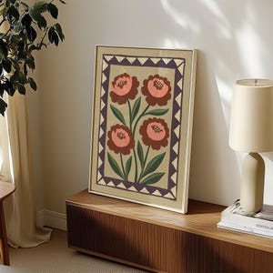 Red & Pink Peony Wall Art, Flower Art Print, Boho Folk Wall Decor, Whimsical Floral Poster, Colorful Flower Artwork, Vintage Inspired Art