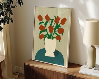 Impresión artística de jarrón de tulipanes: arte floral moderno para la pared para la decoración botánica del hogar