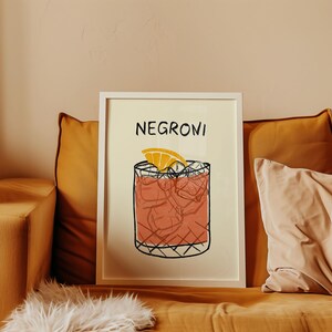 Negroni-kunstprint, cocktailwanddecor, negroni-print, handgetekende negroni-poster, barwagen kunst aan de muur, cocktailposter, cocktailkunstafdrukken