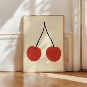 Cherry Print, Cherry Wall Art, Cherry Poster, Cherry Hand Drawn Illustration, Trendy Wall Art, Dopamine Decor, Kitchen Print