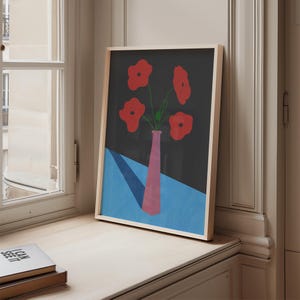 Impression d&#39;art fleurs rouges dans un vase : décoration murale florale cottagecore
