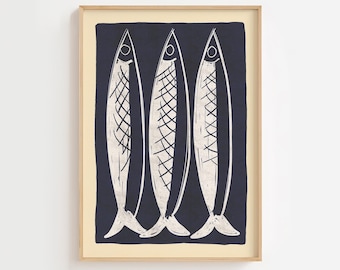 Lámina artística de sardinas: decoración de cocina costera azul marino