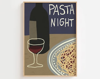 May include: A digital illustration of a wine bottle, a glass of red wine, and a plate of spaghetti with the text "PASTA NIGHT" in white lettering on a blue background.