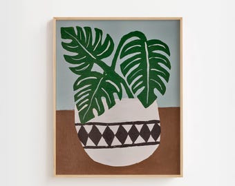 Impresión artística de planta Monstera: arte mural rústico a partir de pintura acrílica original