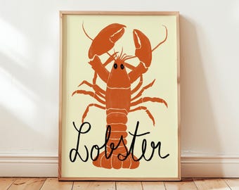 Handgetekende kreeft kunstprint: Muurdecoratie voor een keuken in kuststijl