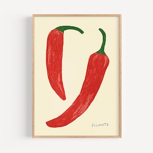 Chili Poster, Chili Pepper Kunst, Chili Pepper Poster, Chilli Wandkunst, Handgezeichnete Food Art, Retro Küchendekor, Süße Food Wandkunst