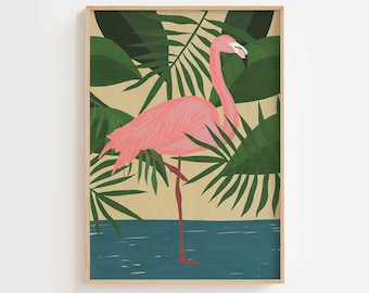Pink Flamingo Illustration: Tropical Maximalist Wall Art
