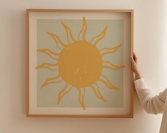 Stampa del sole disegnata a mano: decorazione murale estiva a tema costiero.