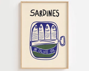 Stampa artistica di sardine in scatola: illustrazione di pesce retrò, arredamento da cucina in stile costiero