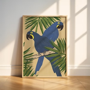 Blaue Papagei Kunst, Tropischer Dschungel Wandbild, Hyazintharas Kunstdruck, Exotische Vögel Wandkunst, Tier Botanisches Poster, Bunte Vogel Kunst