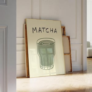 Matcha drink wall art, Green tea art print, Minimal kitchen illustration, Trendy café poster, Modern food artwork decor, Hand Drawn