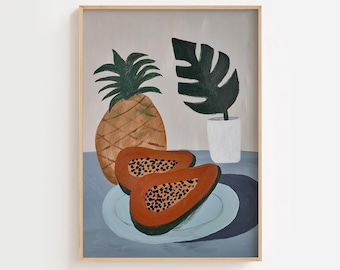 Impresión artística de frutas tropicales: pintura acrílica con piña y papaya