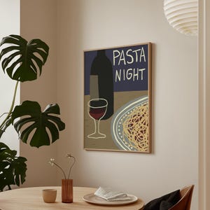 Pasta Wall Art, Pasta Night Poster, Colorful Food Artwork, Hand Drawn Wall Decor, Kitchen Art Print,  Spaghetti Illustration, Pasta and Wine