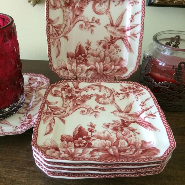 Red and White Dessert Plates "Adelaide Red" Set of Six Toile French County Serving Plates Fine China from 222 Fifth PTS International