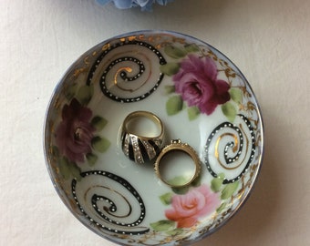 Porcelain Bowl Hand Painted Made in Japan Small Ring Caddy Pink Flowers with Black and 14K Gold Swirls Vintage Trinket Bowl