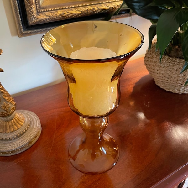 Amber Candle Holder for Pillar Candles Fluted Hurrican with Wide Base Mantle Candle Holder Stemmed Glass Candle Holder Vintage Centerpiece