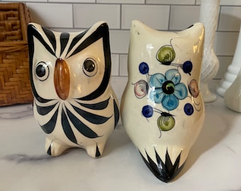 Vintage Mexican Folk Art Ceramic Owl Figurines: Tonala Pottery Pair