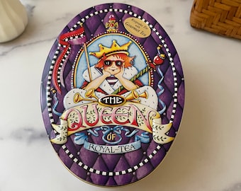 Vintage Mary Engelbreit Tin Queen of Everything Keepsake Tin Empty Gourmet Raspberry Royal Tea Whimsical Oval Tin Caddy