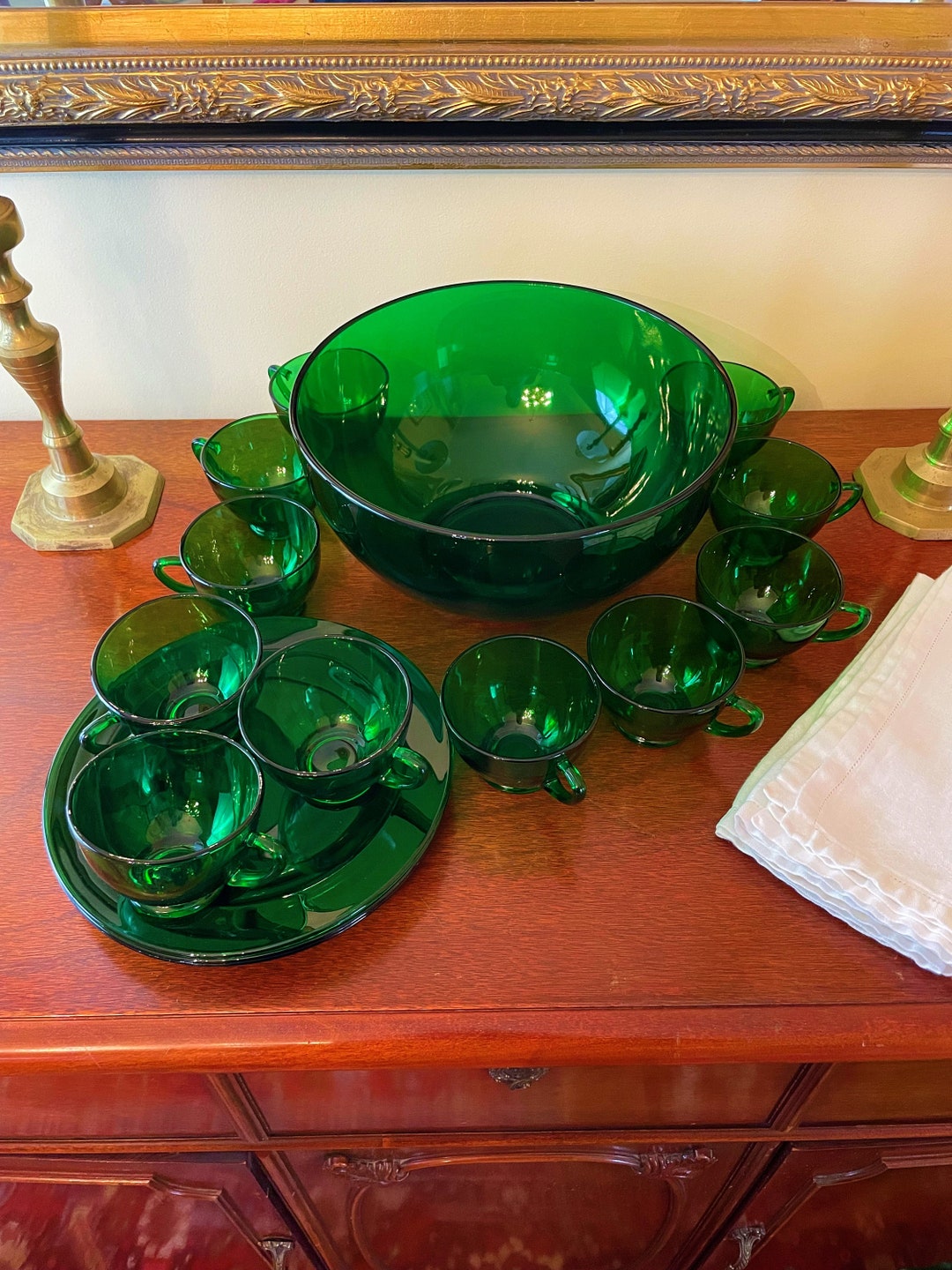 Anchor Hocking Forest Green Punch Bowl With Eleven Cups and Three