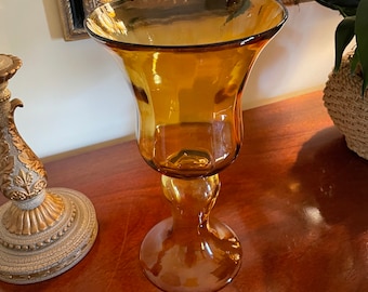 Vintage Amber Glass Candle Holder: Fluted Hurricane Pillar Centerpiece
