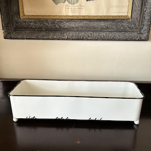 May include: A rectangular white metal planter with a black trim and small feet. The planter has distressed paint along the bottom edge. A framed botanical print hangs in the background.