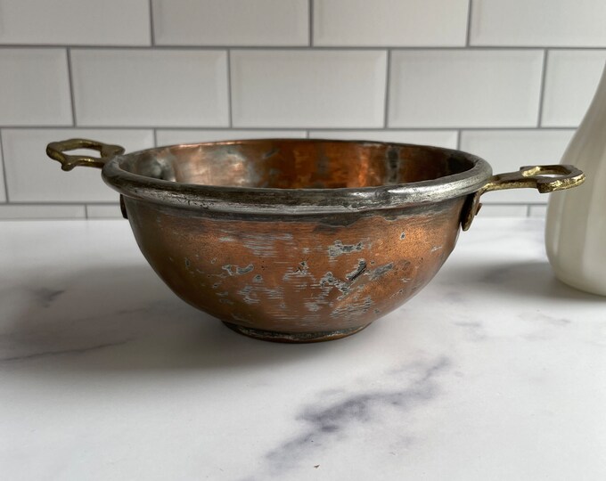Vintage Copper and Brass Bowl With Riveted Brass Handles Medieval Look