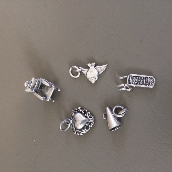 Six Sterling Silver Charms Angle Fish Turtle Two Megaphones Rocking Chair Beautiful Heart Silver Cell Phone for Sterling Silver Bracelet