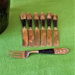Vintage Siam Brass Appetizer Knives & Olive Fork Set: Thai Deity Design