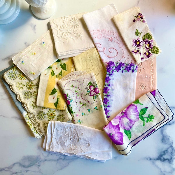 Vintage Lady Handkerchiefs Set of Twelve Dainty Women's Hankies Embroidered Linen Cotton Romantic 1940s 1950s Handkerchief Collection