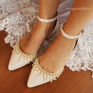 Zapatillas Para Mujer Encaje Blanco Satinado Zapatillas De Novia Boda Adornado pisos cómoda 