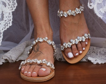 Wedding sandals/ bridal sandals/ flat leather sandals/ handmade sandals/ silver crystal sandals/ beach wedding shoes/ "KELLY"