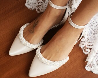 Women's bridal shoes/ Handmade IVORY leather flats/ Wedding ballet pumps/D'Orsay flats/ Bridal pearl shoes/ Ballerina bridal shoe/ FAITH