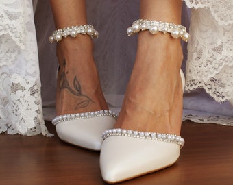 Block heel IVORY leather wedding sandals/ Handmade D'Orsay heels/ Bridal pearl heels/ Silver-embellished shoes/ Ankle strap pumps/ MARGOT