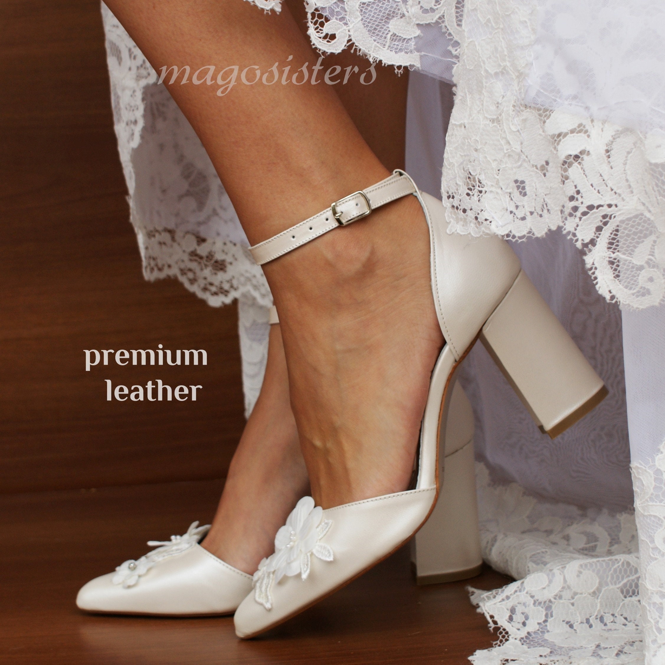 Women's Bridal Block Heels/ Handmade IVORY Leather Heels/ - Etsy