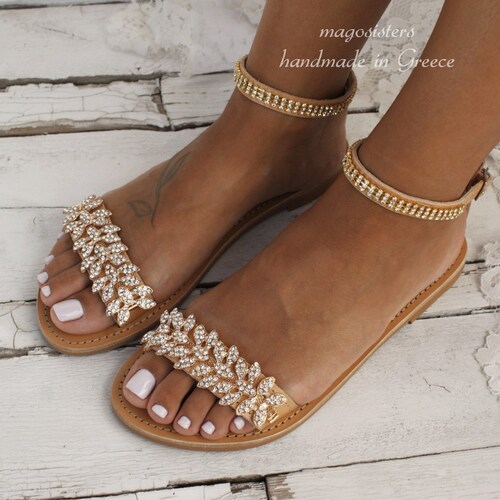 Wedding sandals/ bridal sandals/ leather shops sandals/ Rhinestone-embellished shoes/ gold sandals/ beach wedding sandals/ 