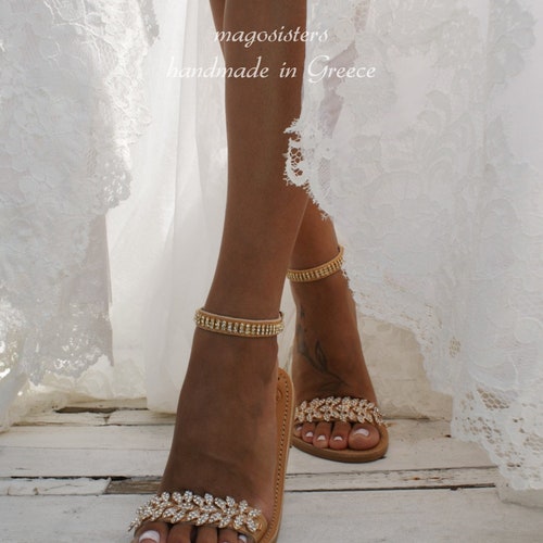 Wedding sandals/ bridal sandals/ leather shops sandals/ Rhinestone-embellished shoes/ gold sandals/ beach wedding sandals/ 