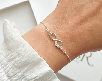 Infinity Armband, 925 Silber, Unendlichkeitszeichen Armband Feder, Personalisiertes Geschenk für sie, Geschenke für Frauen