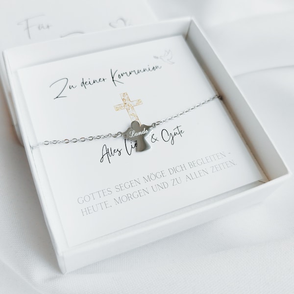 Kommunionsgeschenk personalisiert für Mädchen, Engel Armband mit Gravur, Namensarmband