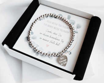 Beste Trauzeugin Armband mit Gravur, Trauzeugin Geschenk personalisiert, Perlen Armband Herz, Box mit Karte
