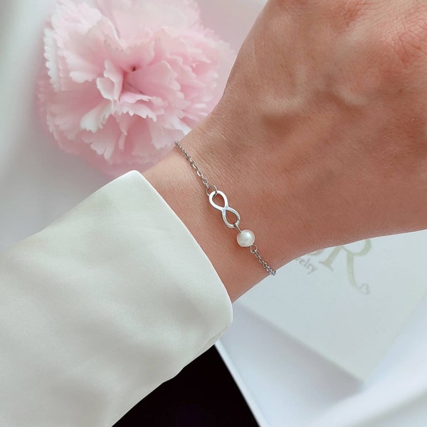 Infinity Armband mit Süßwasser Perle Edelstahl, Unendlichkeitszeichen, Personalisiertes Geschenk, Geschenke für Frauen