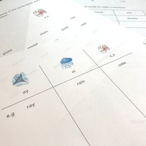 May include: Educational worksheet with handwriting practice. The page features illustrations of a cloud with rain, a cake, and a manta ray. The worksheet includes the words "chain", "away", "plate", "maze", "ray", "rain", and "cake".
