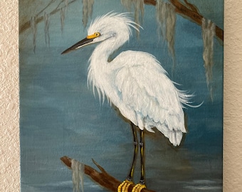 Snowy Egret Acrylic Painting on Canvas, Marsh Bird Art (11x14)